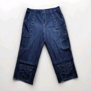 Hot Topic Denim Cutoff Jeans Straps Baggy Cargo Y2K Emo Goth Grunge Dark Blue 19